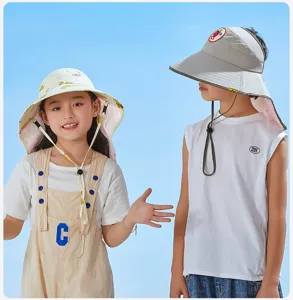 Kids UV protection sun hat details, children fisherman cap and summer outdoor sun visor.