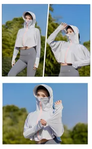 Summer women's sun protection hoodie, lightweight ice silk fabric, breathable outdoor zip jacket.