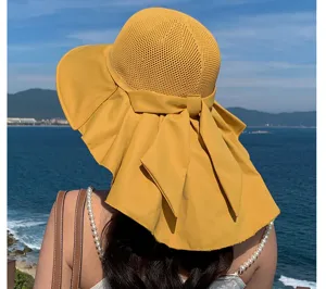 Women hollow breathable bow sun hat summer beach large brim casual outdoor fisherman hat