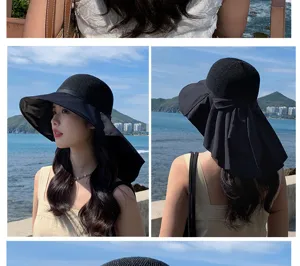 Women's summer breathable hollow bow sun hat large brim beach fisherman hat detail