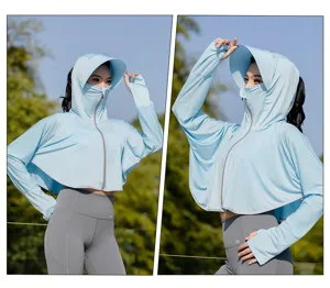 Women summer ice silk hooded sun protection clothing detail view outdoor UV protection fashion jacket.