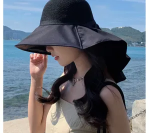 Women black mesh sun hat summer beach travel large brim breathable outdoor fisherman hat.
