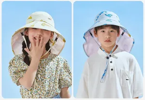 Kids sun protection bucket hat with wide brim and neck flap for outdoor summer adventures.