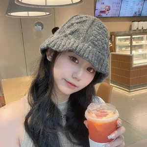 Winter thick knit bucket hat for women, cozy warm knitted fisherman hat casual stylish cap.