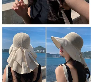Details of womens hollow breathable bow sun hat, large brim beach hat for summer seaside.