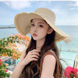 Women Summer Bow Straw Sun Hat Large Brim Beach Outdoor Travel Sun Protection Hat Style
