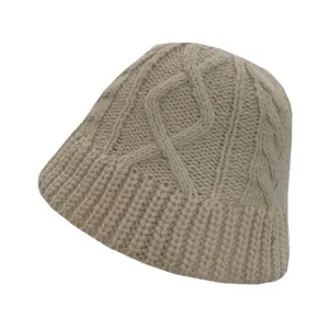 Beige cable knit winter bucket hat for women, cozy thermal thick knitted fashion beanie hat.