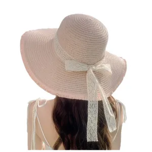 Women summer pink straw hat wide brim beach sun hat with white lace bow and long ribbons main