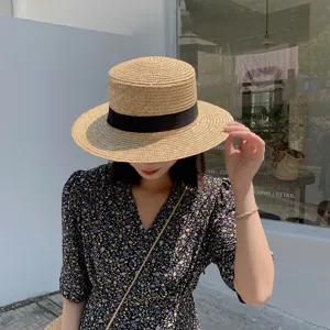 Women Summer Flat Top Straw Sun Hat Woven Raffia Beach Hat