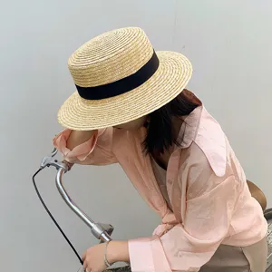 Summer straw hat women flat top boater hat beach sun protection fashion woven hat chic