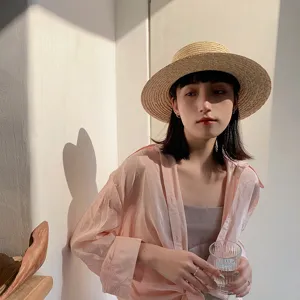 Stylish women raffia straw hat summer sun protection beach flat top woven sun hat