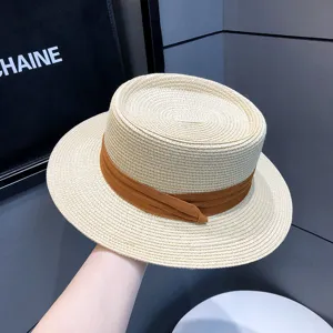 Summer straw hat women vintage flat top hat beach sun protection sunhat stylish casual hat.