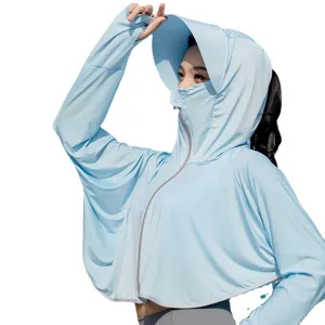 Women Summer Ice Silk Sun Protection Clothing Hooded Jacket with Face Cover Light Blue