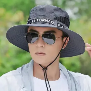 Men's outdoor sun hat dark gray wide brim fisherman hat breathable hiking cap with cord