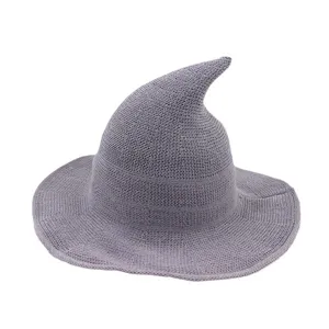 Cappello da strega in maglia grigia, elegante cappello da sole a tesa larga donna
