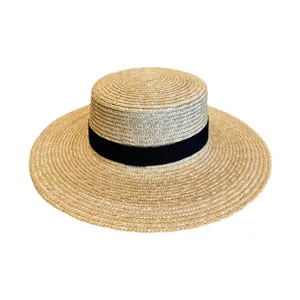 Summer women raffia straw hat flat top wide brim beach sun hat stylish black ribbon sunhat