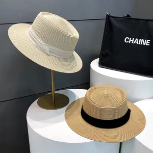 Women's Summer British Vintage Flat Top Straw Hat Wide Brim Sun Protection Beach Vacation Casual Woven Fedora Hat Cap