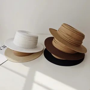 French style flat top straw hat for women, summer sun protection and stylish beach hat.