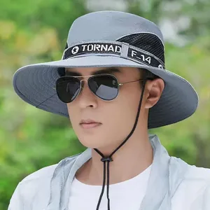 Men's summer outdoor sun protection bucket hat wide brim grey fishing hat with mesh and strap