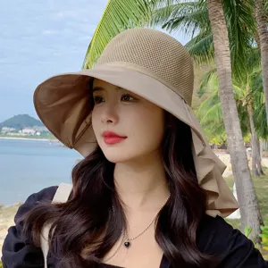 Women's summer sun hat large brim breathable mesh beach bucket hat outdoor UV protection