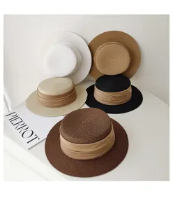 French flat top straw hat women summer sun protection wide brim casual visor sunhat