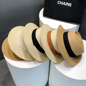 Summer straw boater hat for women, vintage flat top sun hat with ribbon band, beach wear.