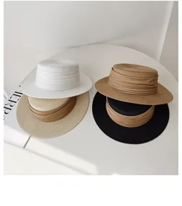 French flat top straw hat for women, summer sun protection, wide brim beach vacation sun hat.