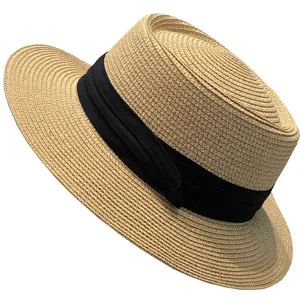 Women summer British retro straw hat beach sun protection woven fedora hat with black ribbon