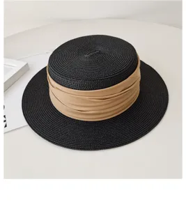French flat top straw hat for women, summer sun protection, casual black sun hat with beige band.