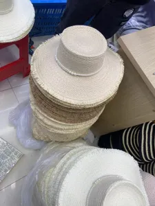 Summer pearl straw hat fringe flat top sun hat paper woven women foldable wide brim beach hat