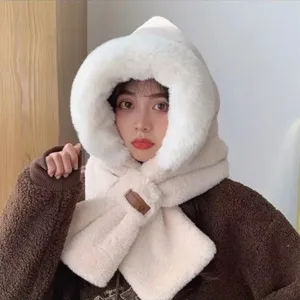 Plush hooded scarf winter warm thick fleece beanie hat integrated cute earflap neck warmer