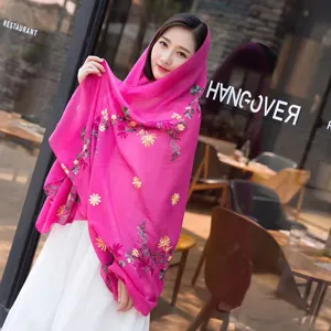 Women ethnic embroidered cotton linen scarf shawl, floral embroidered travel sunshade wrap.