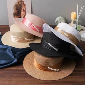 Women pearl straw hat flat top sun hat beach summer hat with ribbon decoration details