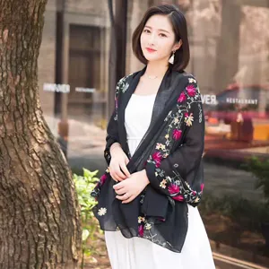 Women ethnic embroidered black shawl scarf cotton linen spring autumn travel sun protection