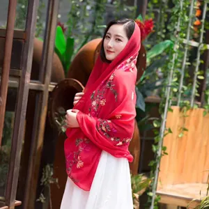 Ethnic style embroidered scarf for women, lightweight cotton linen shawl for outdoor travel.