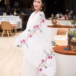 Women's Ethnic Floral Embroidered Cotton Linen Scarf Vintage Long Shawl Sun Protection Travel Scarf