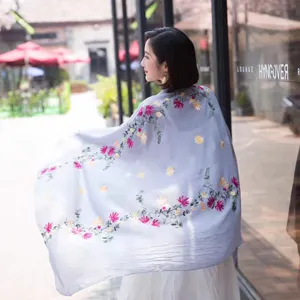 Women ethnic embroidered linen scarf casual floral spring shawl for outdoor travel