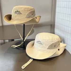Outdoor camping drawstring fisherman hat, sun protection hiking bucket hat with mesh.