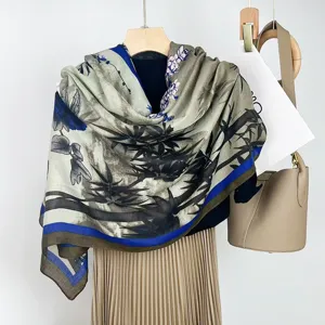 Retro ink bamboo cotton linen scarf detail, autumn winter warm shawl, elegant ethnic style.