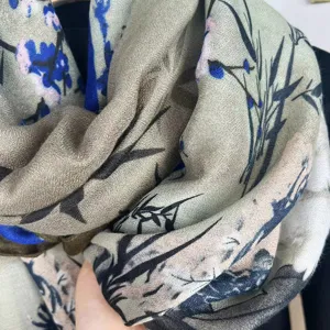 Detailed view of women autumn winter retro Chinese style bamboo ink painting print scarf soft warm shawl