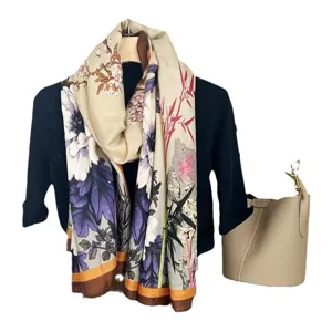 Women Autumn Winter Vintage Cotton Linen Shawl Scarf Floral Bamboo Print Warm Muff