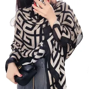Geometric pattern cotton linen feel scarf for women winter versatile warm shawl and beach wrap.