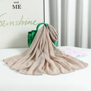 Pleated solid color cotton scarf with silver wire for women, elegant long sun protection head scarf.