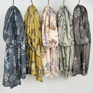 Retro paisley print cotton linen shawl scarf, lightweight sun protection for summer women.