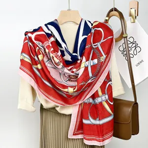 Women Fashion Scarf Luxury Belt Chain Print Polyester Shawl Elegant Long Scarf Versatile Daily Headwear