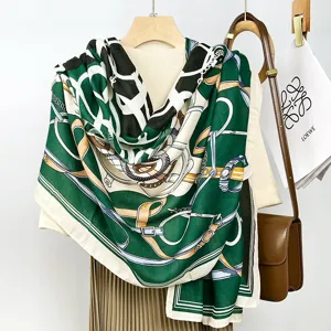 Green cotton linen scarf with elegant belt and chain print design, perfect autumn winter shawl.