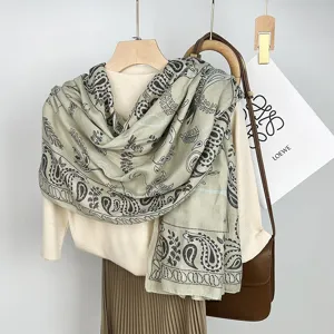 Retro paisley print sun protection linen shawl, elegant lightweight summer scarf for women.
