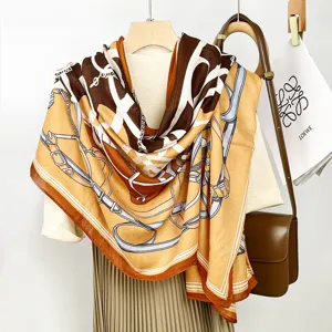 Women's autumn winter vintage belt chain print cotton linen scarf shawl elegant wrap