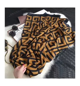 Geometric print cotton linen scarf, stylish black and brown warm shawl for women winter.