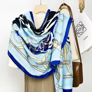 Women's blue printed scarf stylish belt design elegant shawl for autumn and winter daily wear.